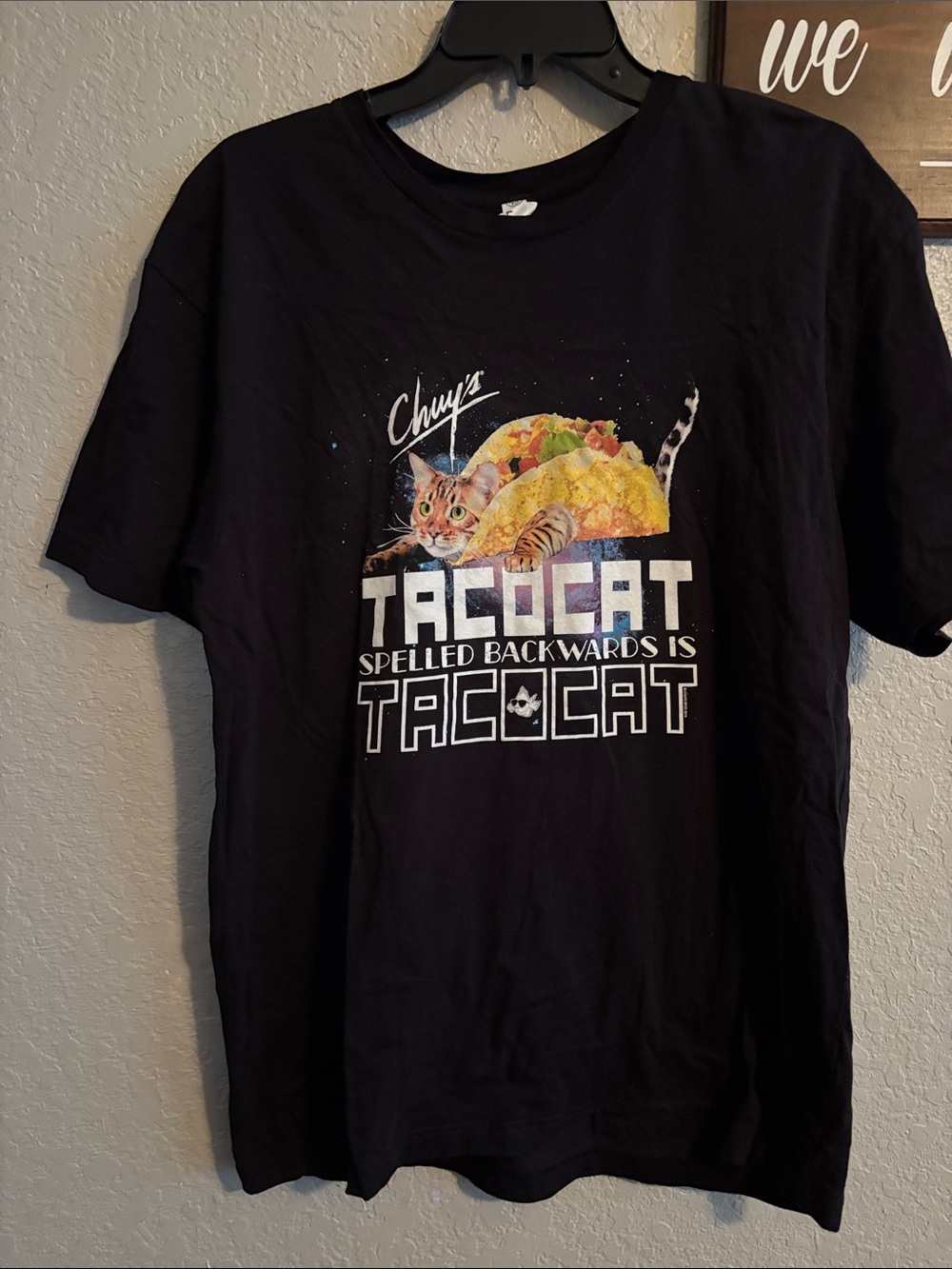 Chuy's Tacocat Graphic Tee - Black with Colorful Taco Cat Print‎